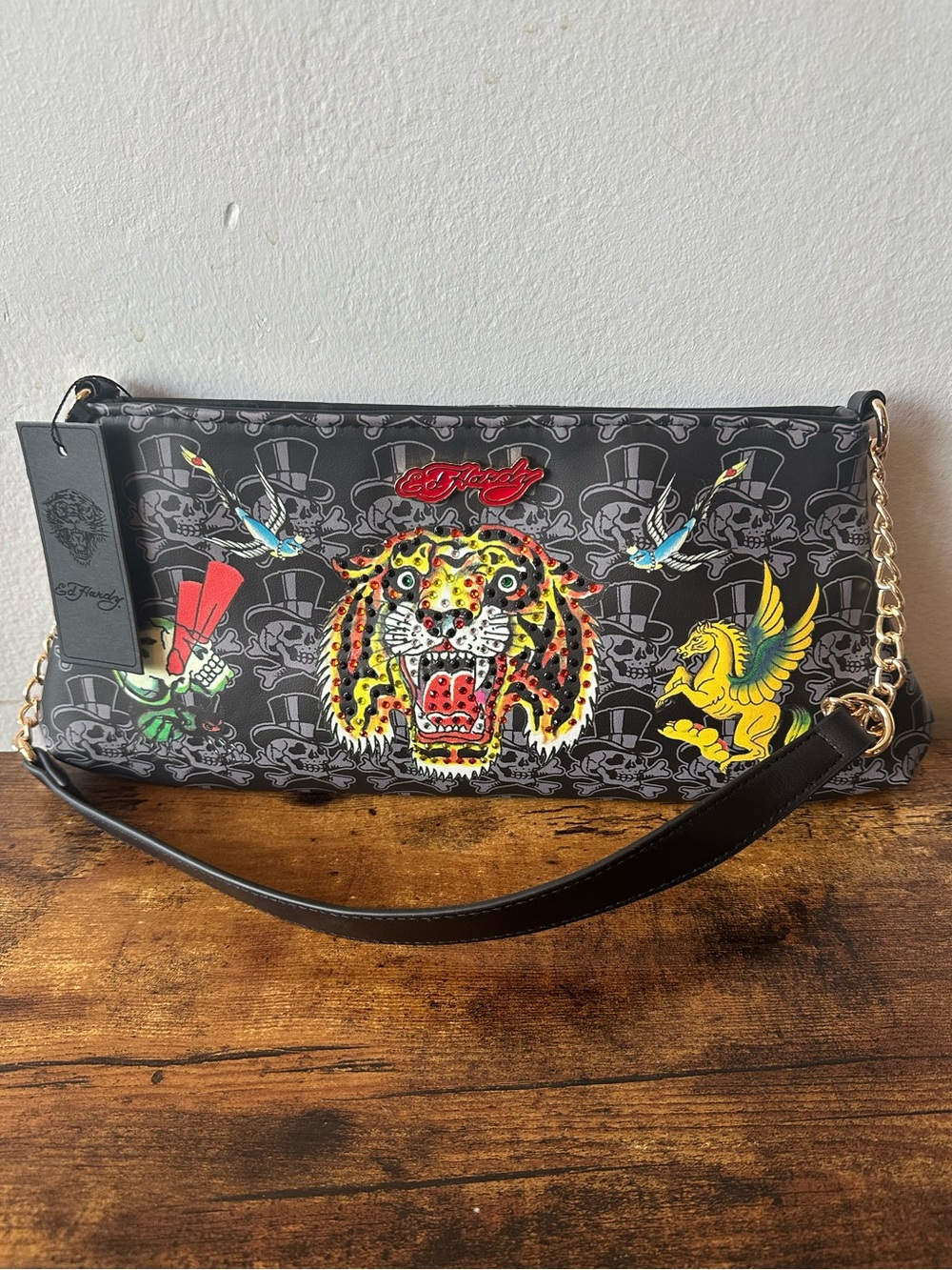 Ed Hardy Black Graphic Rhinestone Tiger Shoulder Bag with Gold Chain Strap NWT